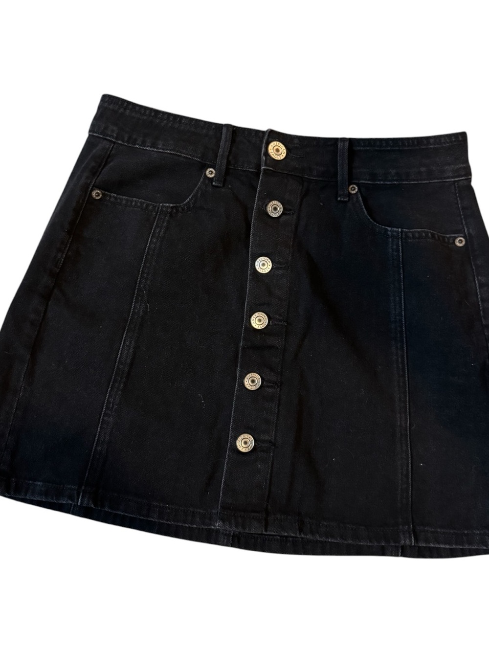 ✨🖤American Eagle Women’s Black Denim Button Fly Jean Mini Skirt | 4